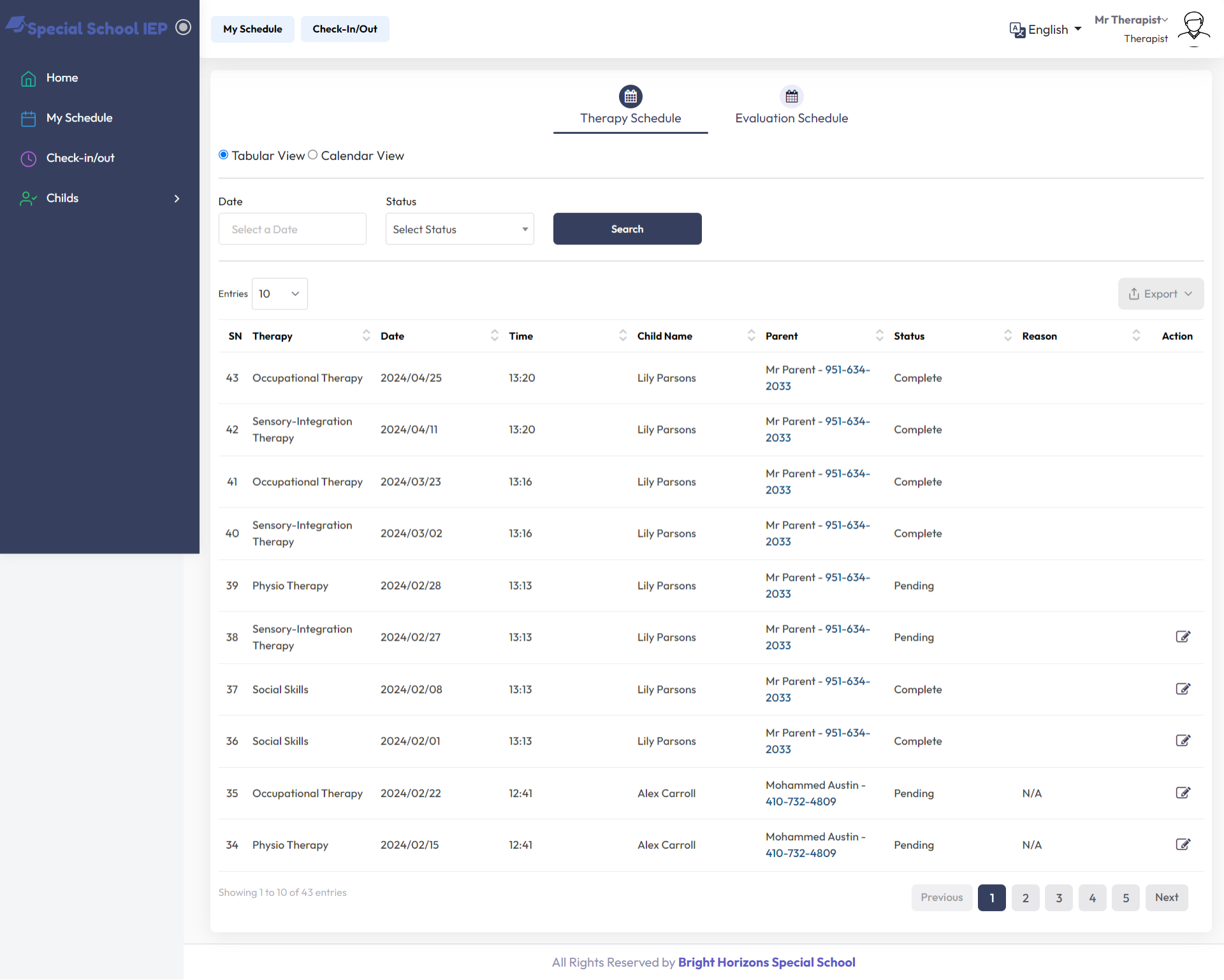Therapy Schedule Detail
